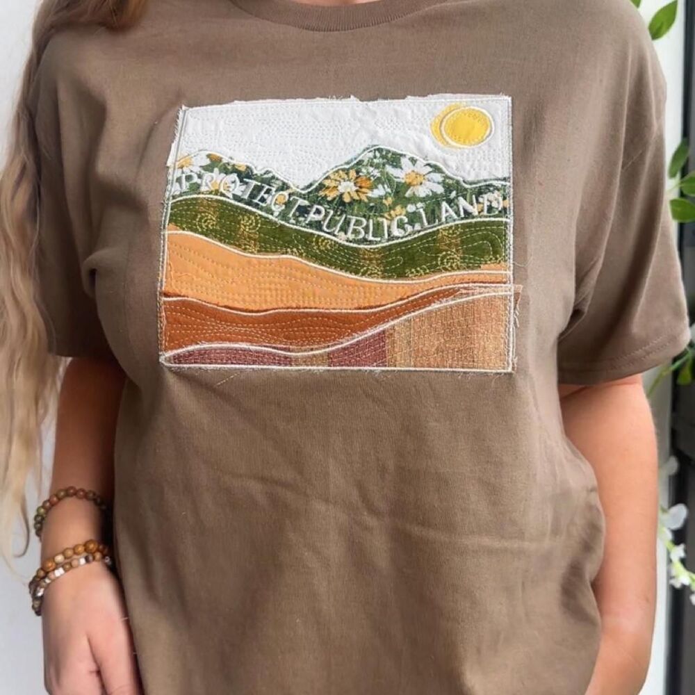NWT 100% cotton Protect Public Lands patchwork embroidered mocha brown tee
